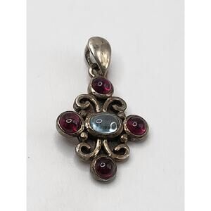Vintage Sterling Silver Garnet Blue Topaz Quatrefoil Pendant 925
